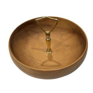 VTG Oregon Myrtle Wood 8" NUT BOWL CANDY COIN DISH Gold Handle Cracker Tray MCM